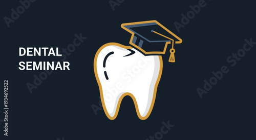 Dental Education: Illustrated Tooth With Graduation Cap, Seminar Concept on Dark Background