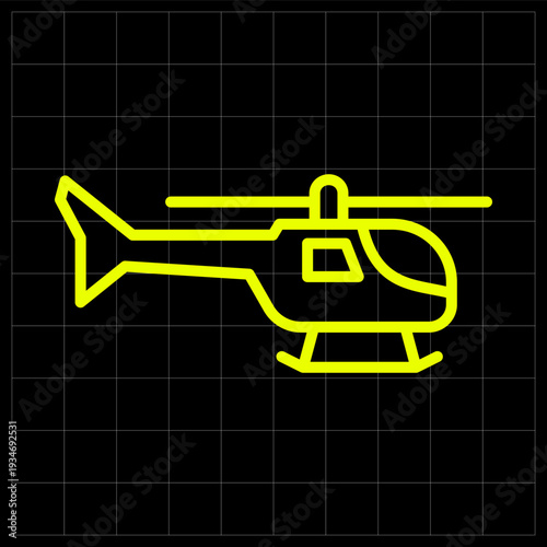 Versatile General Utility Helicopter Icon for Civil Aviation and Transportation Services. neon yellow line art of a civilian helicopter for travel apps, aviation services, or city transport logos