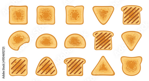 A grid displays fifteen flat-style icons of toasted bread slices in various shapes, featuring grill marks and textures.