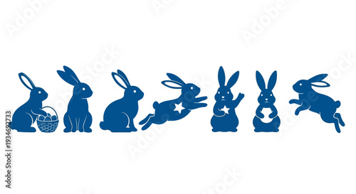 Blue rabbit silhouettes show different poses and actions.