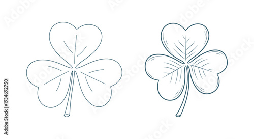 Simple line drawings of shamrocks and four-leaf clovers in blue outline.