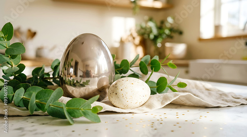 A shiny metallic Easter egg and a speckled egg on a kitchen counter with eucalyptus leaves and a blurred background