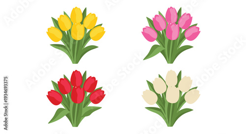 Four vibrant bouquets of stylized tulips, featuring yellow, pink, red, and white blooms, are neatly arranged on a clean white background.