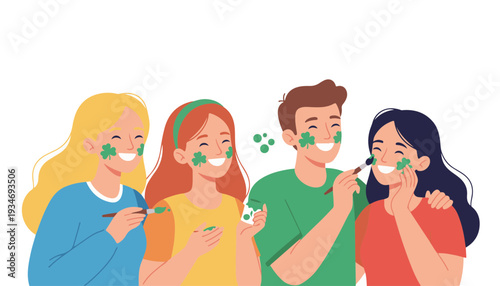 Flat Vector Characters Painting Green Shamrock Faces for St. Patrick's Day Celebration and Youth Cultural Identity Concept
