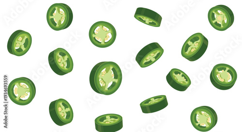 Multiple uniform circular slices of green jalapeo peppers are randomly scattered across a pristine white background, clearly showing their seeds.