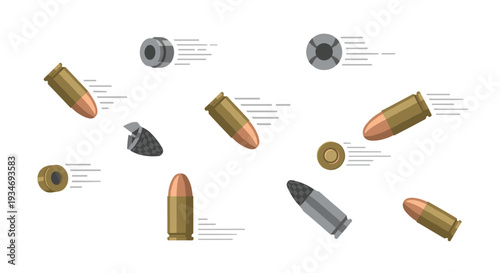 A dynamic assortment of various bullet cartridges, spent casings, and individual projectiles is shown in motion with speed lines on a stark white background.