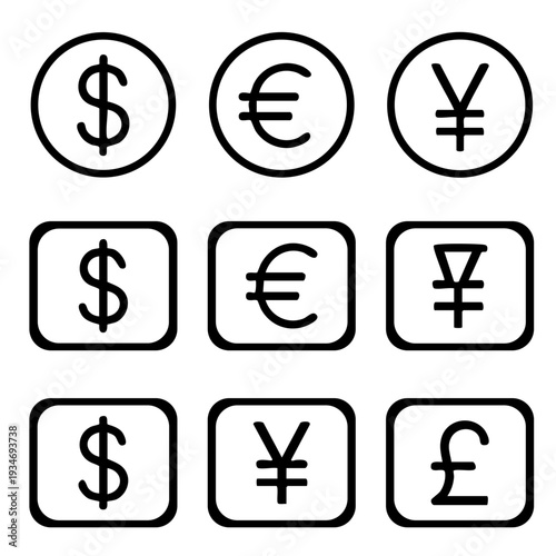 This image features a collection of currency symbols from around the world, including the dollar, euro, yen, and pound. The symbols are presented in a simple black and white design, making them easily