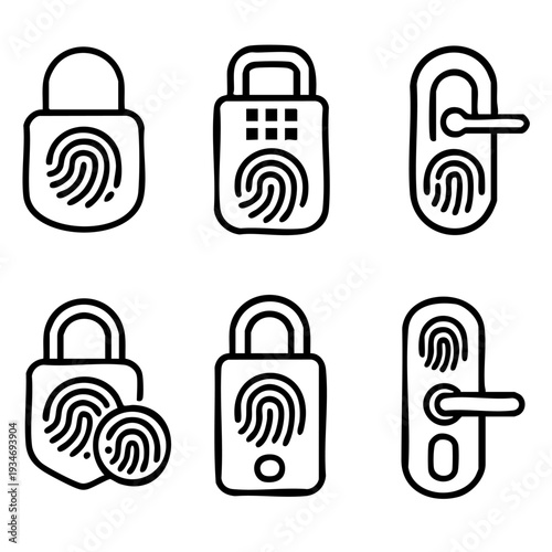 This image features a collection of six black and white icons showcasing various secure fingerprint locks. The simple line art designs depict different types of padlocks and door handles