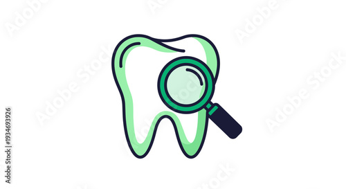 Dental Examination Icon Depicting a Magnifying Glass Examining a Healthy Tooth