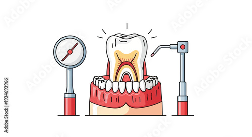 Dental Examination Illustration Showcasing Tools and Healthy Tooth Structure for Healthcare Imagery