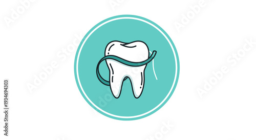 Dental Health Illustration Featuring Tooth and Floss Within a Turquoise Circular Design