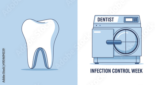 Dental Health Illustration Featuring Tooth and Sterilization Equipment with Blue Background