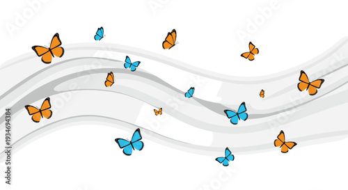 Fifteen small, colorful butterflies, a mix of orange and blue, gracefully flutter across a white background featuring three sweeping, undulating grey wave-like ribbons.
