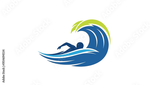 Stylized swimmer silhouette logo design in a vibrant ocean wave illustration.