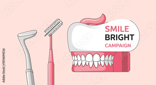 Dental Health Illustration Showcasing Bright Smile Campaign with Tools and Toothbrush