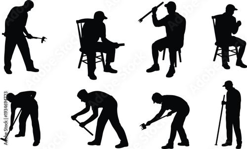 Construction workers silhouette set, manual laborers using tools collection, builder and handyman black vector illustration isolated on white background