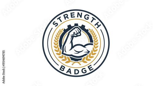 Strength Badge Logo with Flexing Bicep Muscle and Gear Icon for Fitness and Gym Design