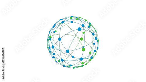 Abstract global network connection with blue and green dots.