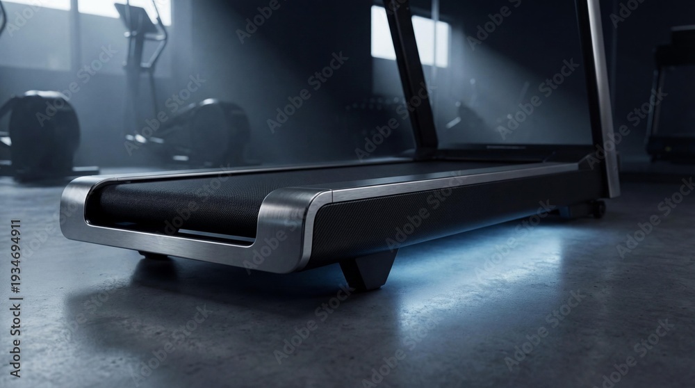 Fototapeta premium Luxury home gym treadmill, blue led glow, ground level perspective