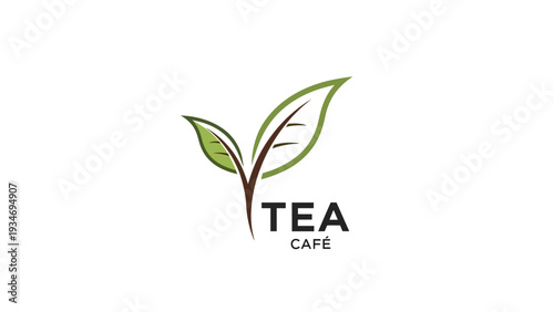 Tea Cafe Logo with Fresh Green Leaves Design