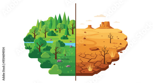 A visually divided landscape illustrates the stark difference between a flourishing green forest with a river and a desolate, cracked desert.