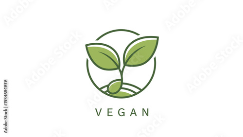 Vegan food concept logo with sprouting plant and seed for healthy lifestyle.