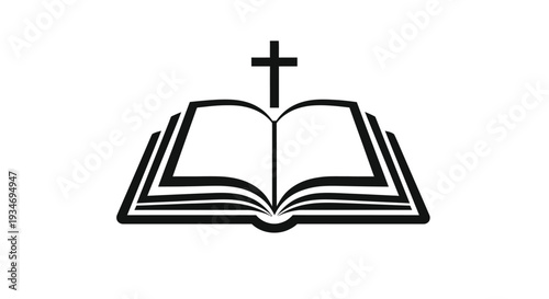 An open book icon rests beneath a simple black cross symbol.