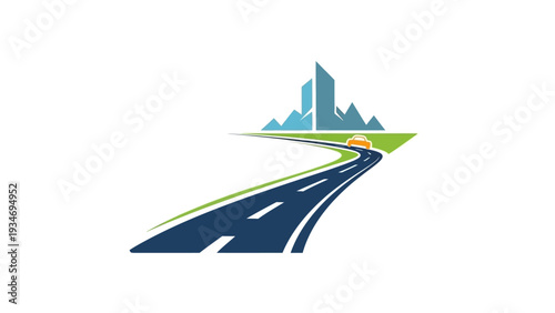 Graphic illustration of a road leading to a modern city and mountains
