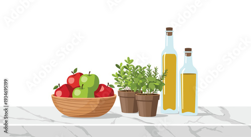 A wooden bowl of apples, two potted herb plants, and two bottles of olive oil are neatly arranged on a light kitchen counter.