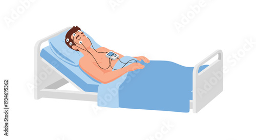 A male patient is undergoing medical monitoring while lying on his side in a hospital bed, connected to a portable device.