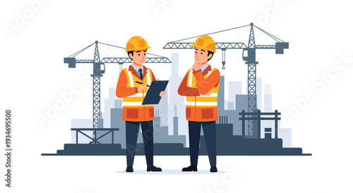Two male construction workers in safety gear are reviewing plans at a construction site with cranes and buildings.