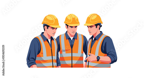 Three male construction workers in safety gear are engaged in a serious discussion on a clean white background.