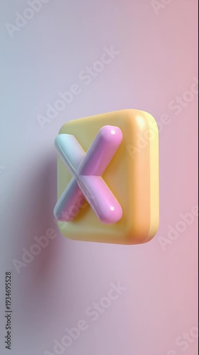 Colorful X Symbol on Yellow Cube Against Pink Background.