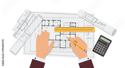 A pair of hands is drawing a floor plan with a ruler and pencil, surrounded by rolled blueprints and a calculator.