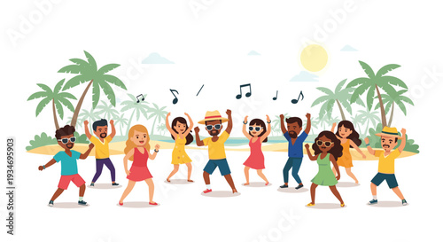 A diverse group of ten people are joyfully dancing on a sandy beach with palm trees and musical notes.