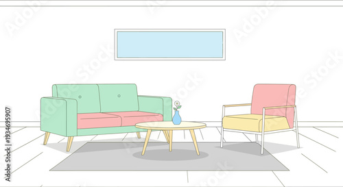 Modern minimalist living room illustration with pastel furniture. Bright, cozy interior design featuring a sofa, armchair, and coffee table.
