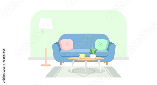 Minimalist Living Room Interior Design with Blue Sofa, Coffee Table, Floor Lamp, and Houseplant - Flat Vector Illustration