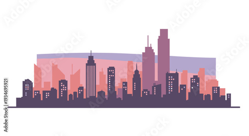 Modern city skyline silhouette vector illustration at dawn or dusk, featuring urban skyscrapers and buildings in purple and pink pastels.