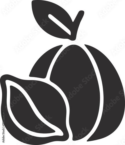 Black silhouette of two nuts, one cracked open, showing the kernel inside, with a leaf