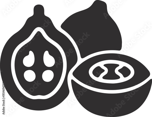 Stylized silhouette icon of halved guavas and whole guava, vector graphic