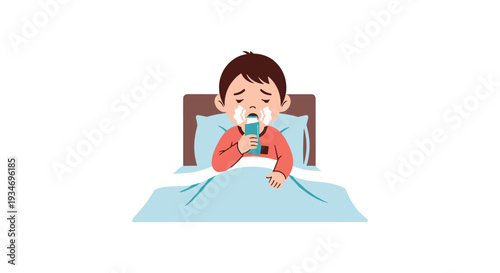 A young boy with brown hair is sitting up in bed and actively using a white and blue inhaler with visible vapor.