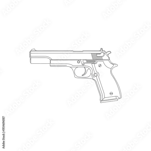 Detailed Line Drawing of Handgun Pistol.