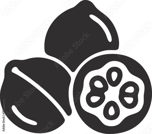 Black and white vector icon of three chickpeas, one halved revealing inner seeds
