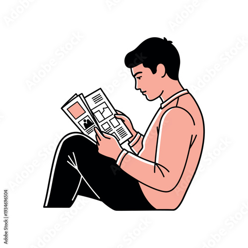 Man reading newspaper sitting on floor.