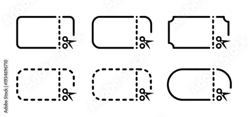 Set of 6 Black Outline Coupon Icons Vector with Scissors and Dotted Cut Lines for Discount, Voucher, and Promotion Designs