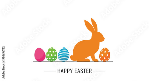 An orange rabbit silhouette stands beside Easter eggs below.