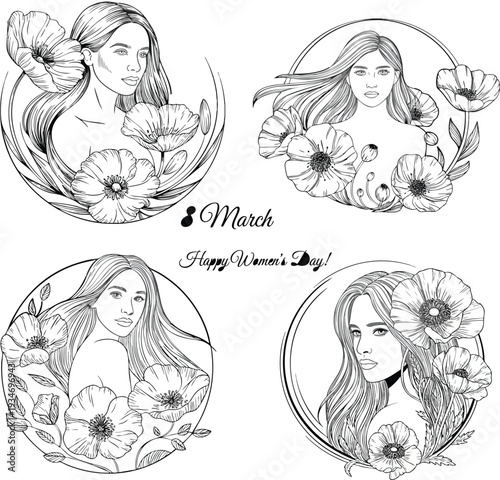 Ornate Floral Women Portrait Line Art for Decorative Print, Beauty Branding and Feminine Aesthetic Design Applications
