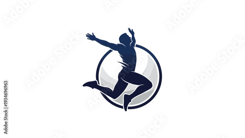 Athletic figure jumping with arms raised in a circular emblem