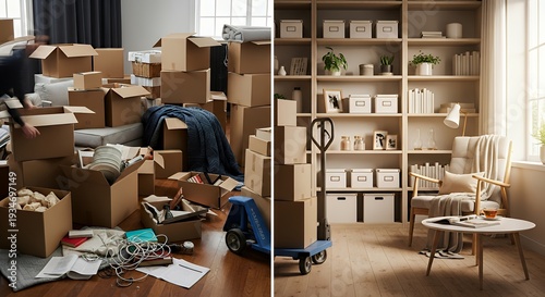 Left side chaotic moving day boxes everywhere; right organized labeled storage and peaceful new home