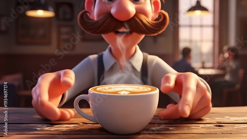 A cartoon man with a big mustache holds a steaming cup of coffee with latte art.